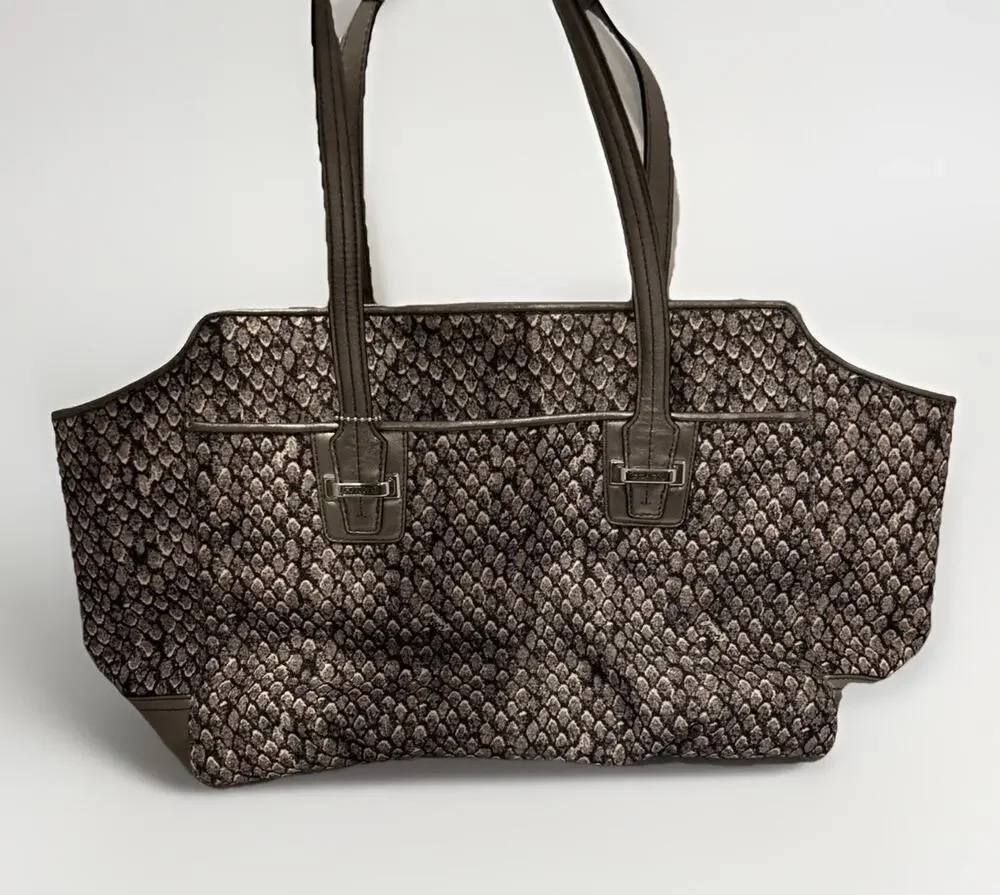Coach Taylor Snake Print Fabric Gunmetal Grey Alexis Carryall/Tote Handbag READ